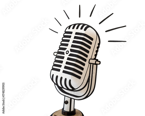 Retro microphone with radiating lines, isolated on transparent background