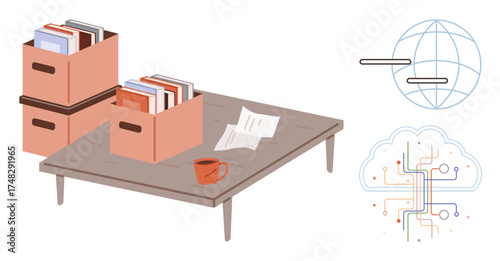 Cardboard file boxes on a wooden table with documents and coffee mug, connected to a global network and data cloud visualization. Ideal for knowledge management, digitalization, technology, data