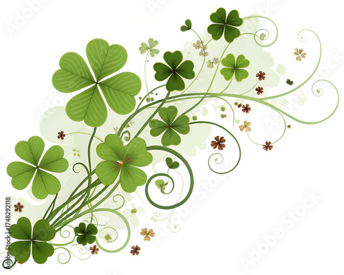 A decorative arrangement of green fourleaf clovers with swirling vines and small brown flowers, isolated on transparent background