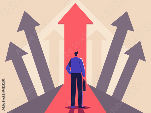 Man standing at a crossroads of arrows contemplating his future career path and business direction