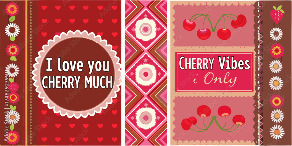 Naklejka premium Cute and colorful cherry themed graphic with sweet messages and floral accents