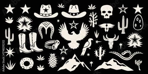 Collection of western and southwestern themed icons and symbols in a cream color on a black background