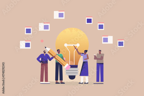 Diverse team collaborating on a bright new idea symbolized by a giant light bulb and creative tools