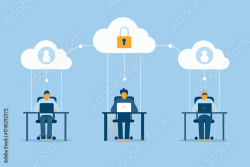 Secure cloud computing network connecting people working on laptops at their desks