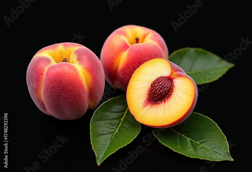 Peach, one whole and two cut halves with leaves on black_1