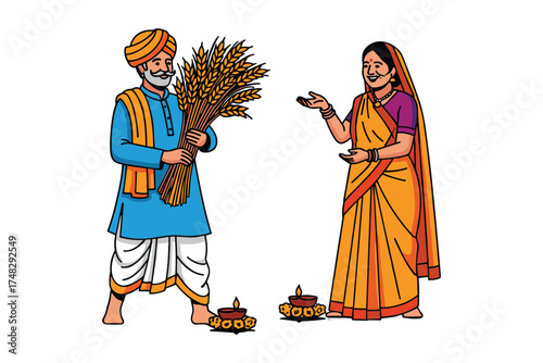 Indian farmers celebrating harvest festival with wheat