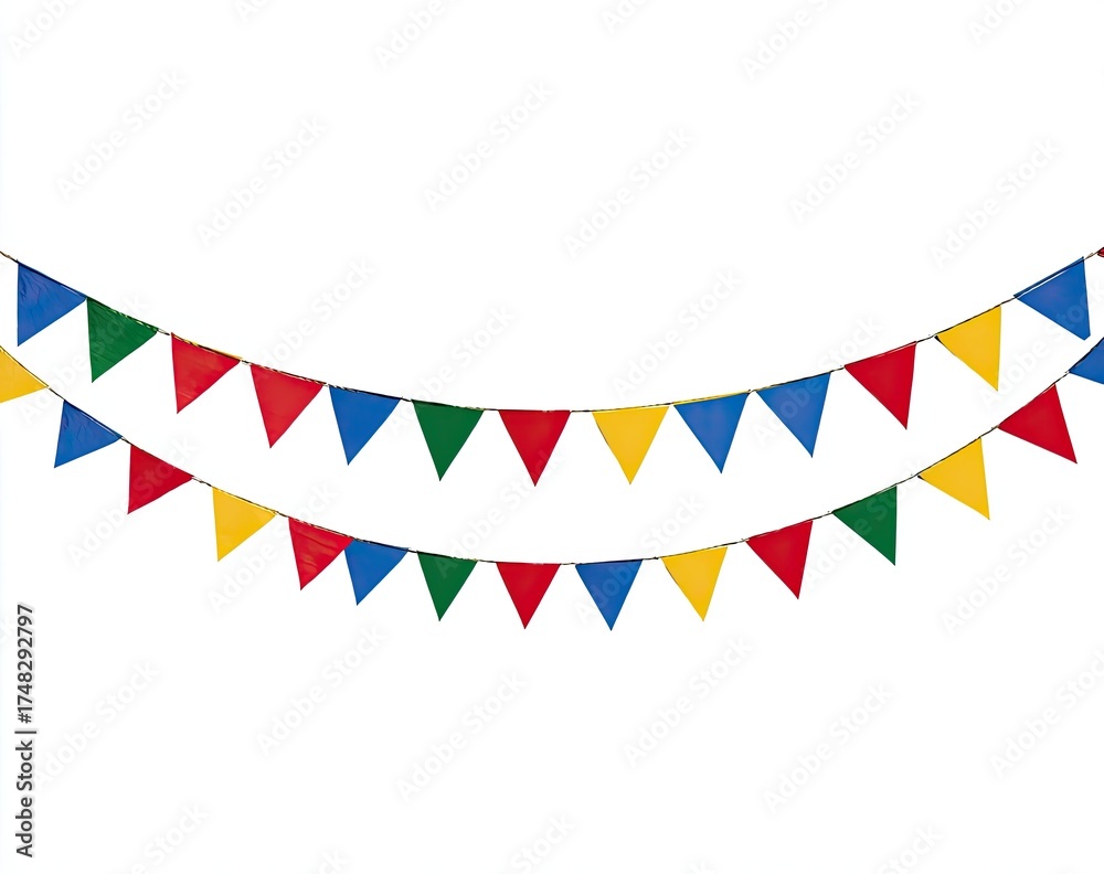 Obraz premium Two rows of colorful triangle flags strung on a thin cord, against a plain white background