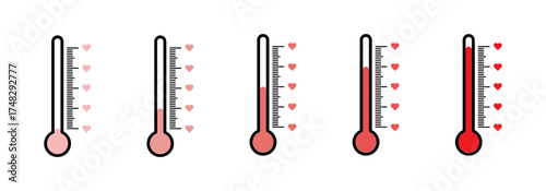 Love thermometer for medical design. Empty icon vector illustration. Heart vector shape love icon. Romantic vector. Vector design element. Isolated vector. Love symbol. Red love thermometer. EPS 10