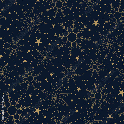 Christmas vector seamless pattern with snowflakes and stars on a blue background. Festive illustration for gift wrapping paper, fabric, clothing, textiles, surface textures, and scrapbooks.