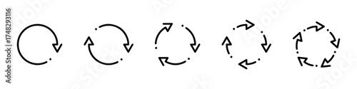 Recycle refresh rotate arrows icon set. Recycling arrow icon set. Rotation arrws set. Different arrows collection. Black arrows collection. Up arrow button symbol. Start-up. Vector graphic. EPS 10