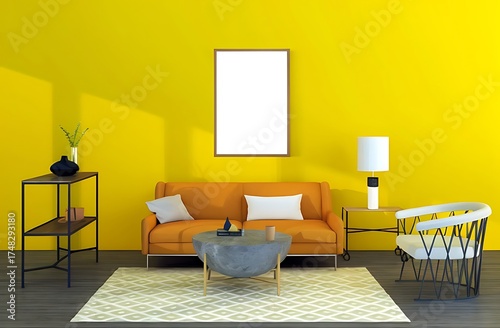 Modern and stylish living room interior with orange sofa and yellow wall featuring blank picture frame.