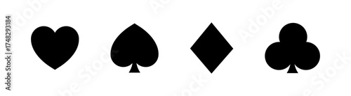 Playing card suits vector set. Spades Hearts Diamonds and Clubs icons isolated on white background. Card deck. Gamble game concept logo. Poker kards. Vector graphic. EPS 10