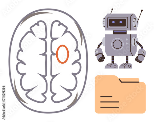 Brain diagram with highlighted area, robot and file folder representing AI, neuroscience, and data organization. Ideal for AI research, technology, neural networks, data science, innovation