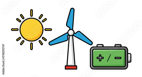 Renewable energy sources icons for solar and wind power

