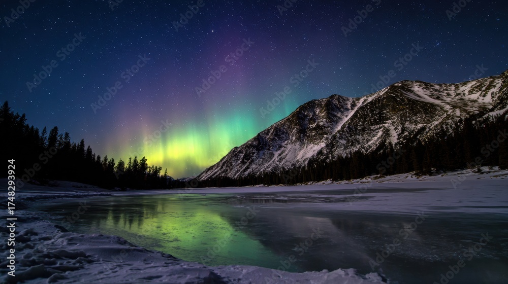Naklejka premium Aurora borealis over snowy mountain reflected in frozen lake at night, colorful sky and starry night with pine silhouette and icy foreground creating serene atmosphere