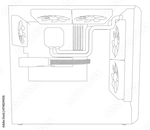 Cooler in computer case with a central cooling fan. The sleek, modern design features a black and white color scheme and a glossy tempered glass contour.