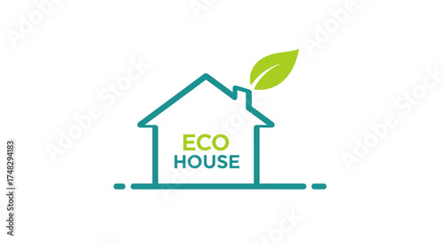 Eco house icon with leaf on the roof and minimalist outline
