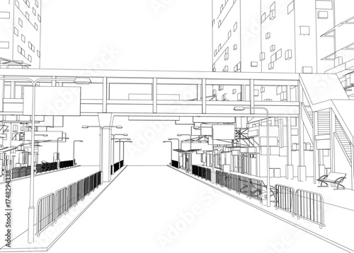 Black and white contour drawing of a city street scene featuring buildings, street poles, railings, and stairs under a detailed sky.