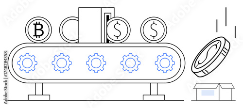 Conveyor belt with Bitcoin, dollar coins, and gears symbolizing currency manufacturing. Ideal for fintech, finance automation, cryptocurrency, digital economy, technology, investment innovation