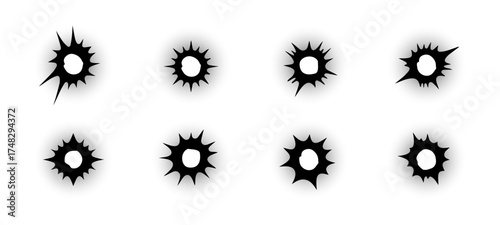 Bullet cracks collection on transparent background. Damage and cracks on surface from bullet. Bullet holes set. Vector graphic. EPS 10
