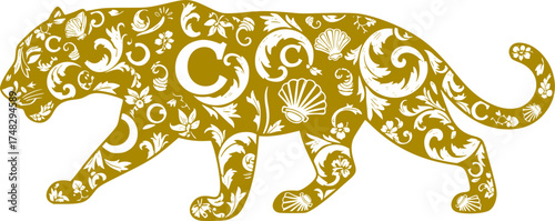 Maximalist Ornate Rococo Jaguar Animal Silhouette Vector Illustration	