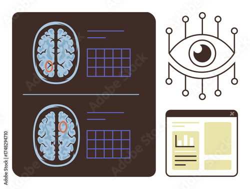 MRI brain scans, digital eye symbol, and data interface screen integrate science, AI, and analytics. Ideal for neuroscience, healthcare, AI research, data analysis diagnostics biometrics medical
