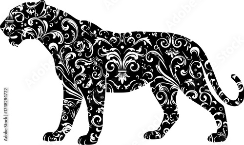 Maximalist Ornate Rococo Jaguar Animal Silhouette Vector Illustration	