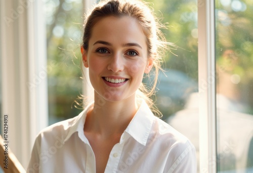 Bright smiling woman in white shirt looking at camera indoors Free Download Bright smiling woman in white shirt looking at camera indoors - GFXLoad