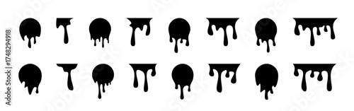 Black paint drips set. Ink drop icon set. Black melt drips. Liquid vector paint drops. Dripping paint. Liquid drips. Black ink runs. Vector graphic EPS 10