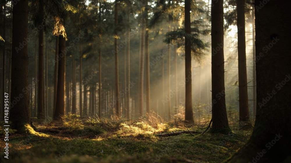 Fototapeta premium Sunlit misty forest floor with golden morning rays filtering through tall evergreen tree trunks, creating serene atmosphere and soft shadow contrast