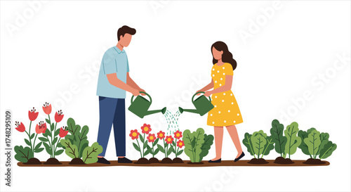 Couple Watering Plants in a Garden Scene