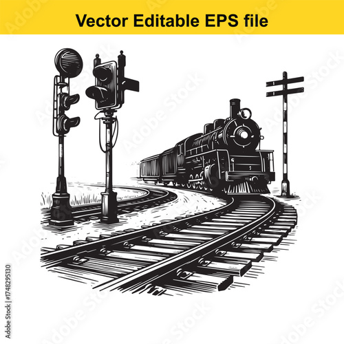 Vector art of vintage steam locomotive on railway tracks with traffic signals, detailed illustration