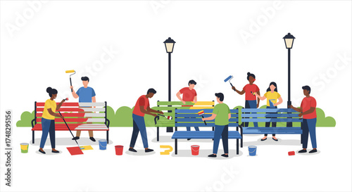 Diverse Community Members Working Together to Paint Park Benches