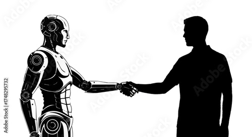 Futuristic robot and human shaking hands symbolizing AI collaboration and technological advancement in modern business partnerships
