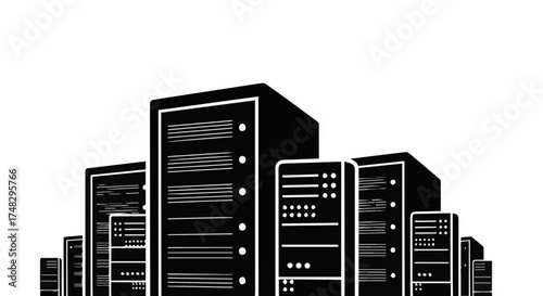 Modern server rack cluster powering digital infrastructure, representing data centers, cloud computing, and IT solutions with sleek design.