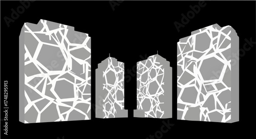 Modern architectural facades featuring dynamic geometric patterns create a striking urban design for contemporary cityscapes and innovative building concepts.