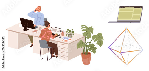 Two colleagues working at shared desks using computers, books, and coffee a potted plant adds ambience. Laptop interface and a geometric graph. Ideal for teamwork, productivity, remote work, office