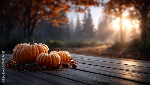 Autumn Harvest Pumpkins on Wooden Table with Warm Sunlight Through Fall Foliage