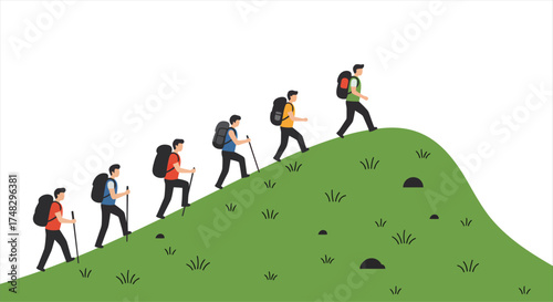 Group of Hikers Ascending a Grassy Hilltop Together