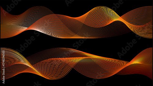Red orange wave 3d luxury vector. Neon light skin texture, fire smoke swirls, sound swoosh design flow trail. Speed data flow lines, dynamic futuristic concept.