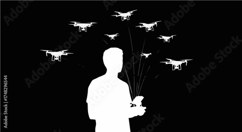 Visionary innovator orchestrates a dynamic swarm of advanced drones, symbolizing future technology and ambitious progress.