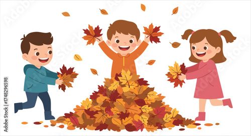 Children Playing in Autumn Leaves Pile