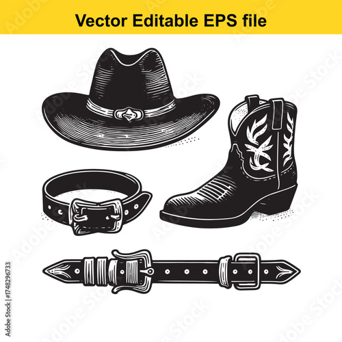 Vector art of black and white illustration featuring a cowboy hat, cowboy boot, and two belts with buckles