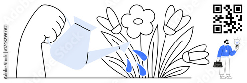 Hand pouring water on blooming flowers representing growth and nurturing, while a person holds a light bulb with a briefcase. Ideal for innovation, inspiration, teamwork, education, business growth