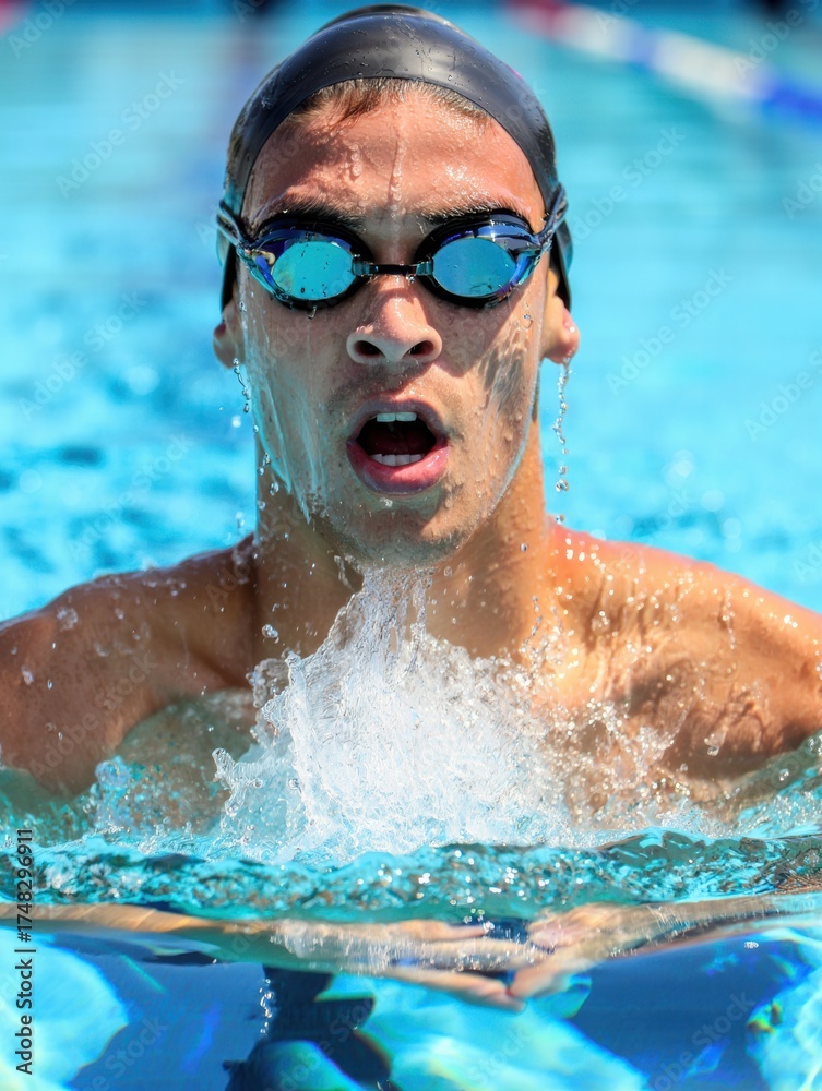 Naklejka premium Competitive swimmer emerging from water with splash and focused expression