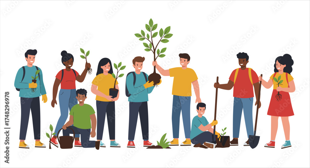 Obraz premium Diverse Group Planting Trees Together Outdoors for Environmental Conservation