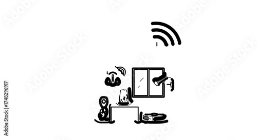 Modern smart home setup with connected devices, security camera, and WiFi signal symbolizing seamless integration and convenience for a connected lifestyle.