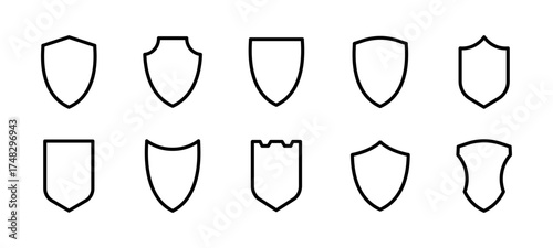 Shield linear icon collection. Protection, defense symbol set. Isolated vector graphic EPS 10