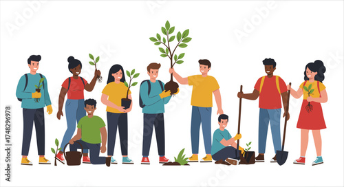 Diverse Group Planting Trees Together Outdoors for Environmental Conservation