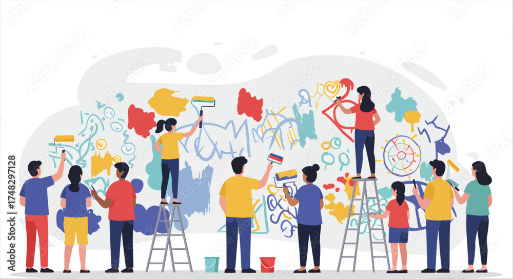 Obraz premium Community members collaborate on colorful mural painting project